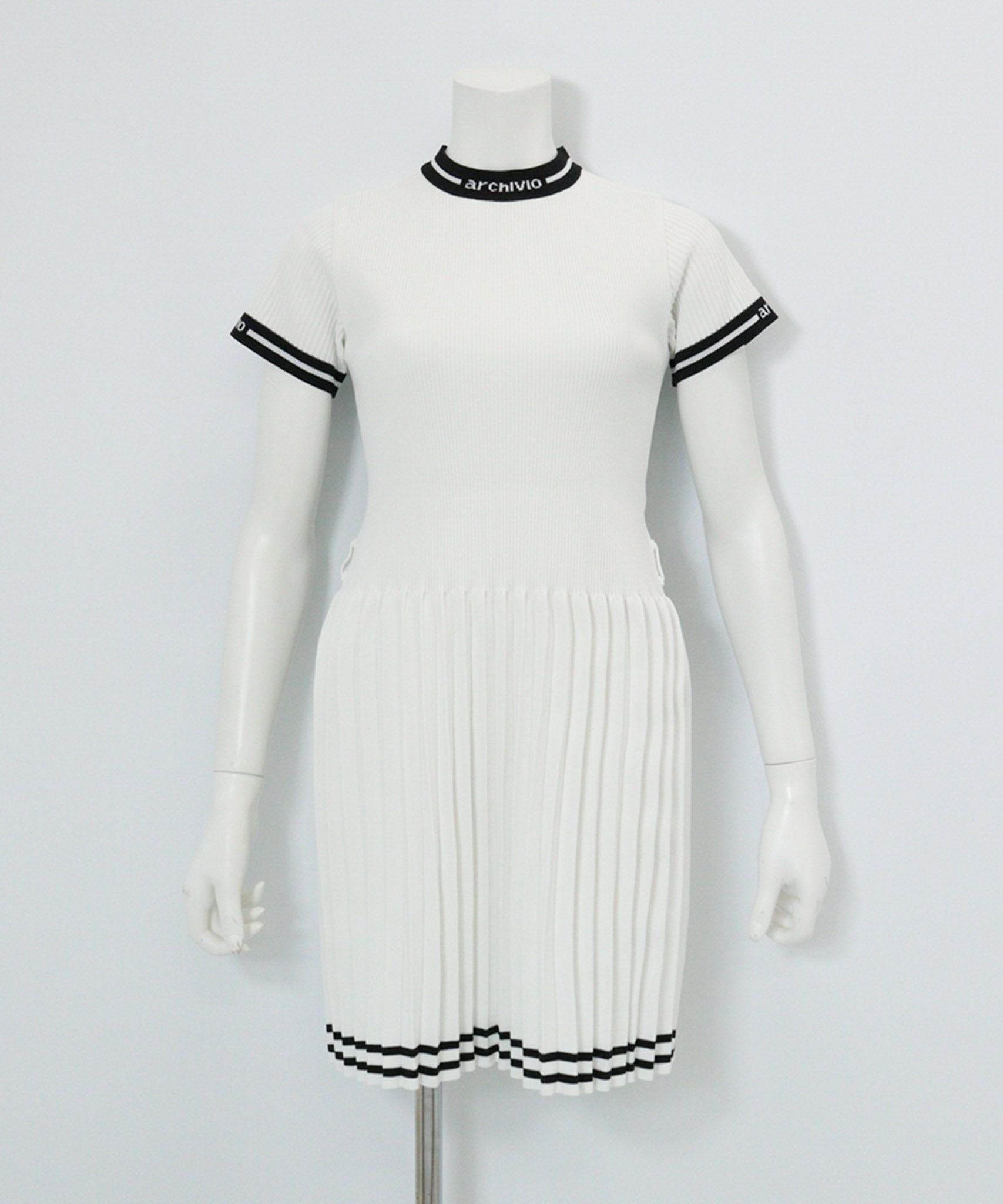 リブプリーツ切替ワンピース(ホワイト)前