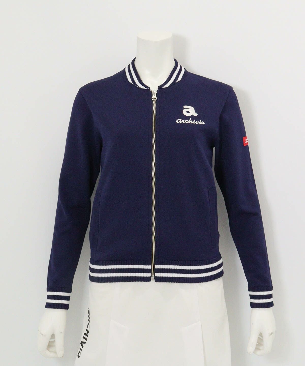 バック刺繍ニットブルゾン（ネイビー）