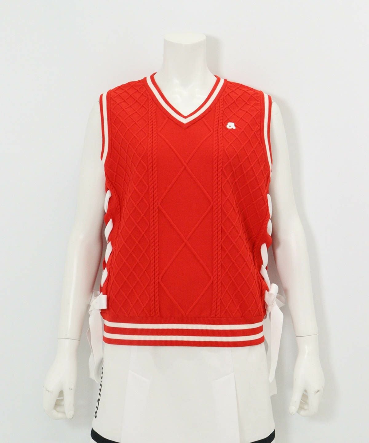 サイドリボンケーブルニットベスト（レッド）