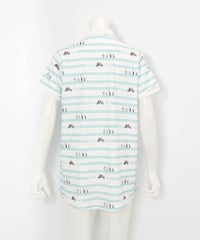 ボーダー柄UVチュニック丈ポロシャツ(ホワイト×グリーン)後ろ