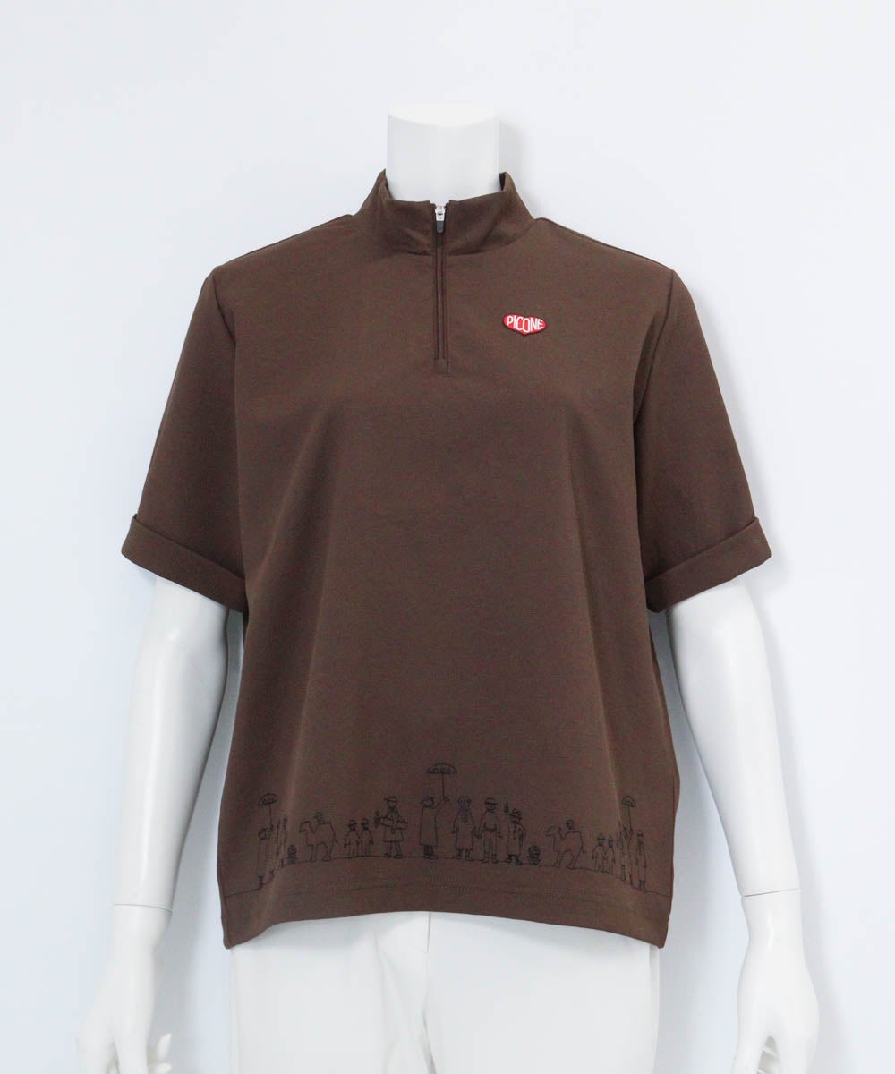 裾刺繍UV速乾ジッププルオーバー（ブラウン）