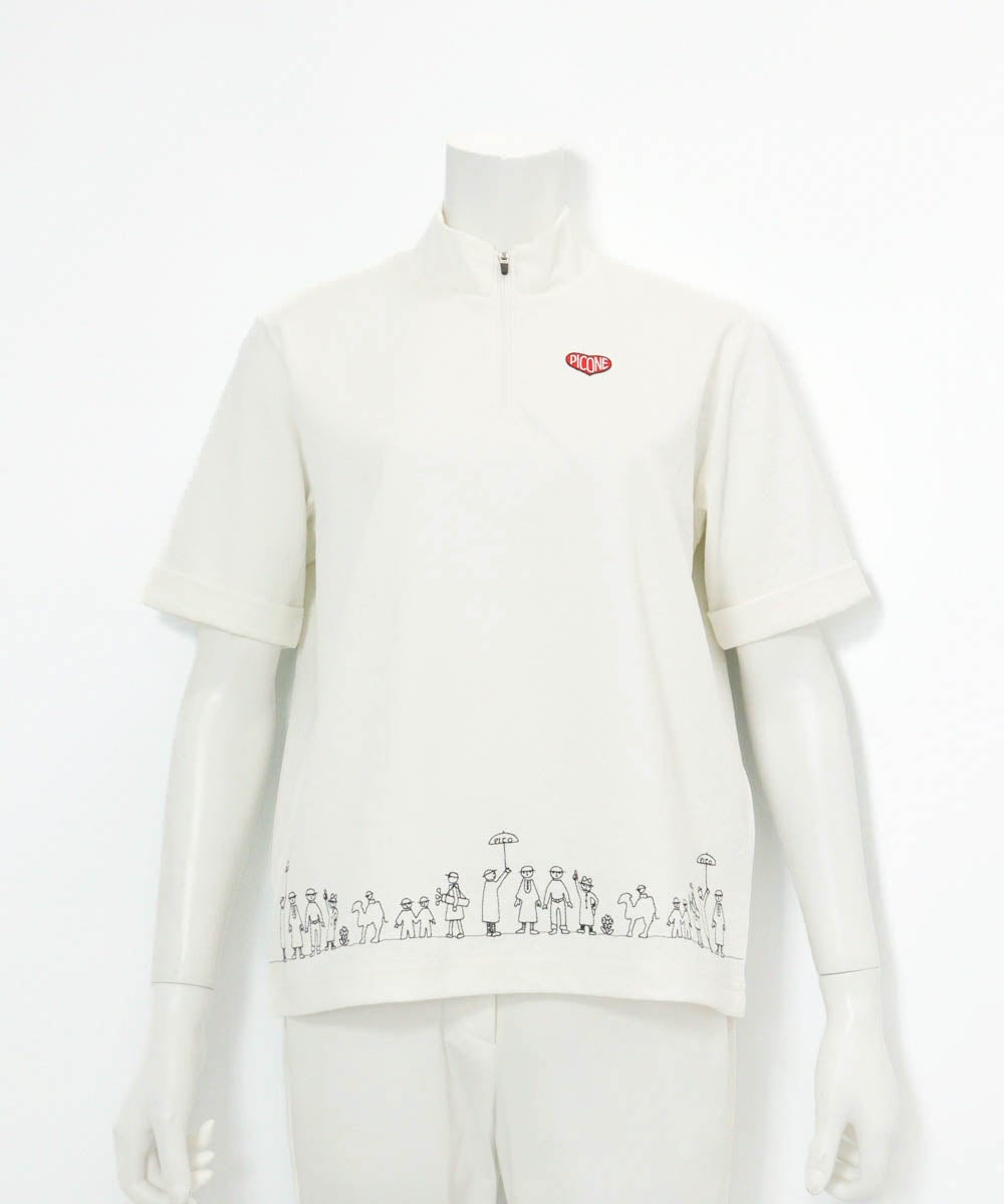 裾刺繍UV速乾ジッププルオーバー（ホワイト）