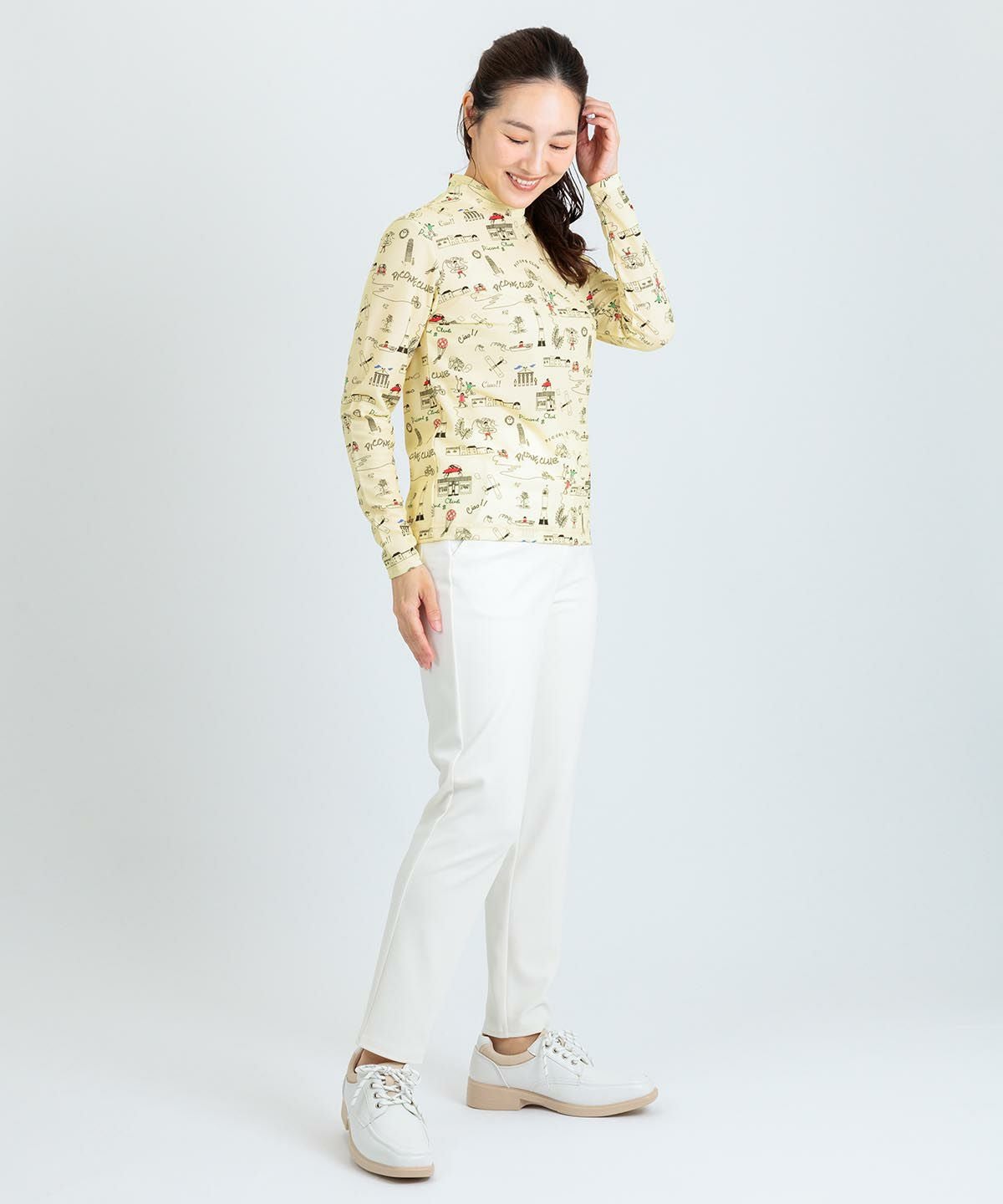 PICONE CLUB イエロー ハイネックシャツ 総柄プリントUVプルオーバー|ピッコーネクラブ - ゴルフウェアや婦人服通販