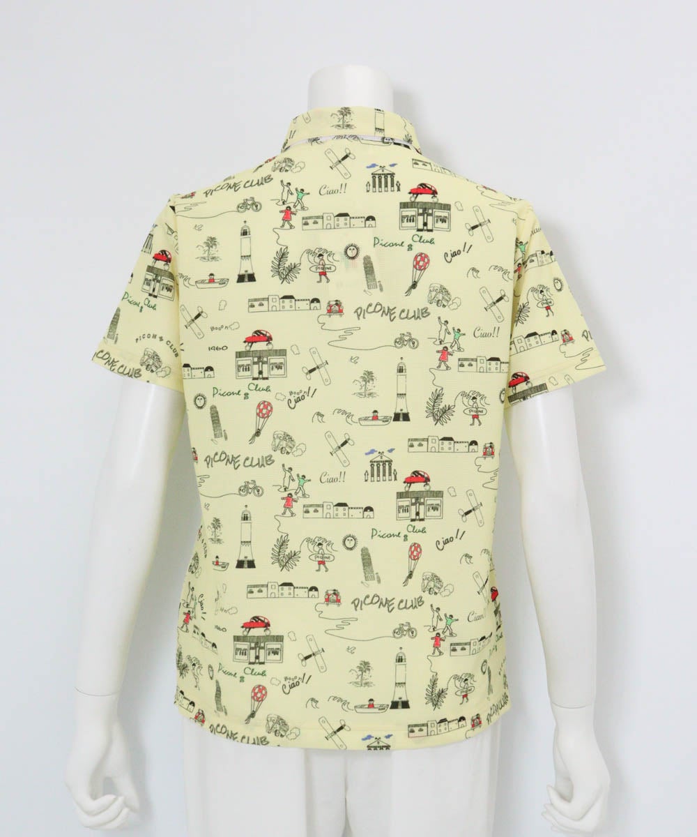 総柄プリントUVポロシャツ後（イエロー）