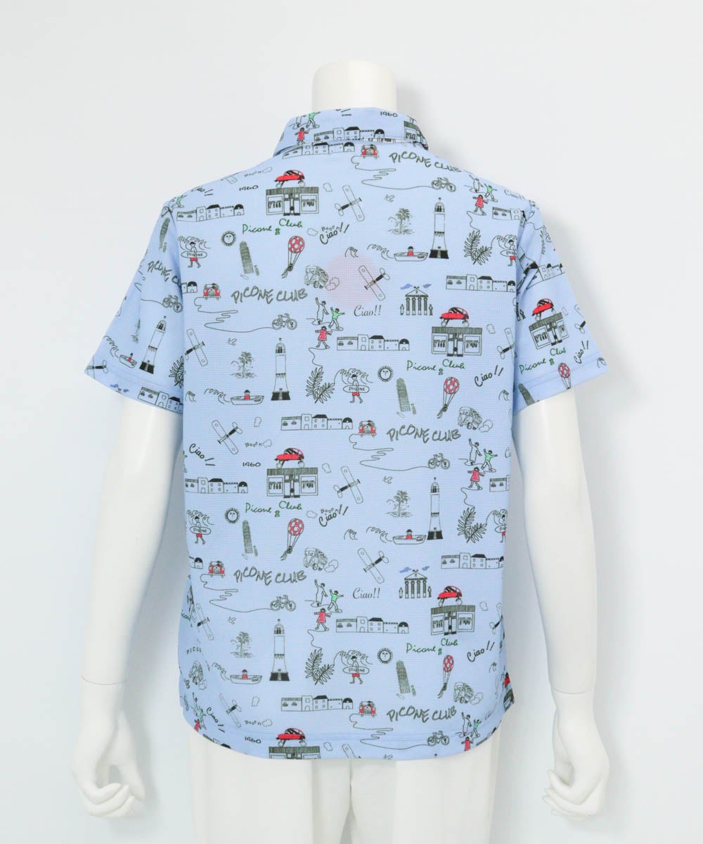 総柄プリントUVポロシャツ後（ブルー）