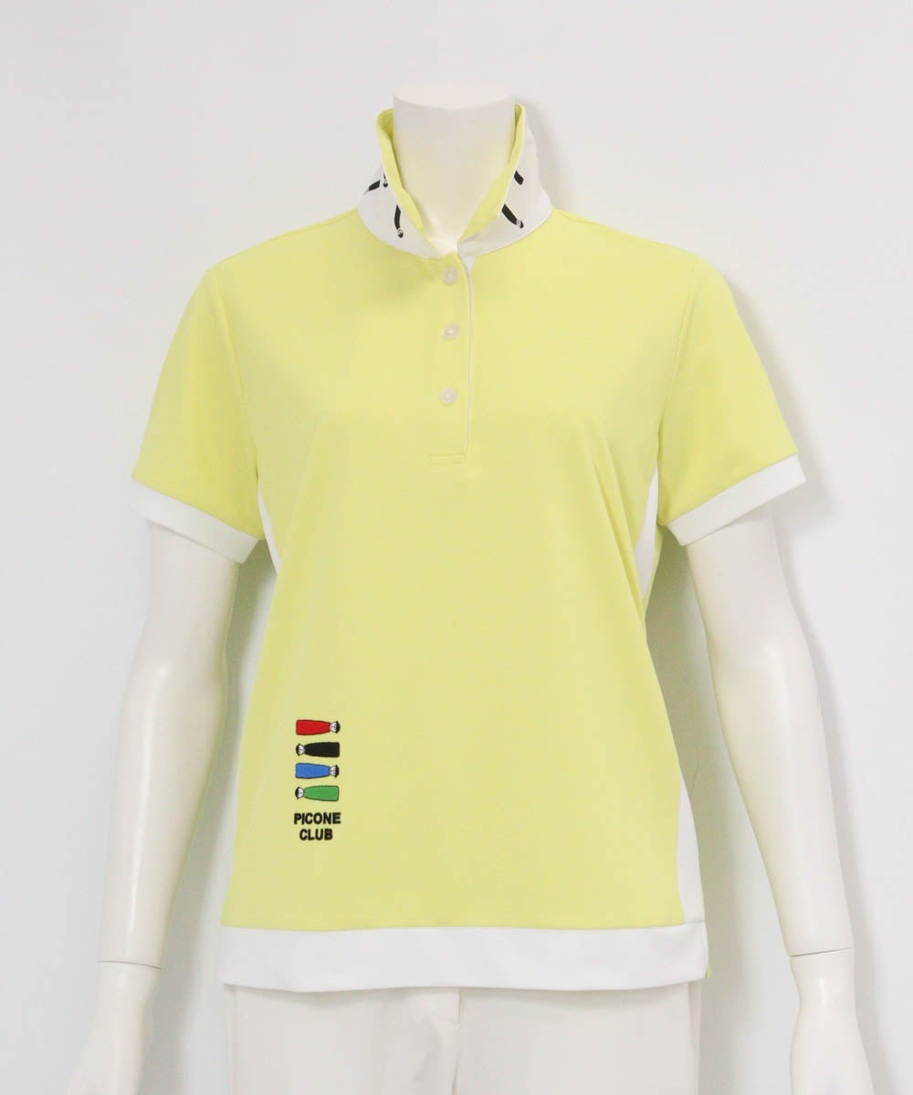 配色ラインUV速乾ポロシャツ襟元正面（イエロー）