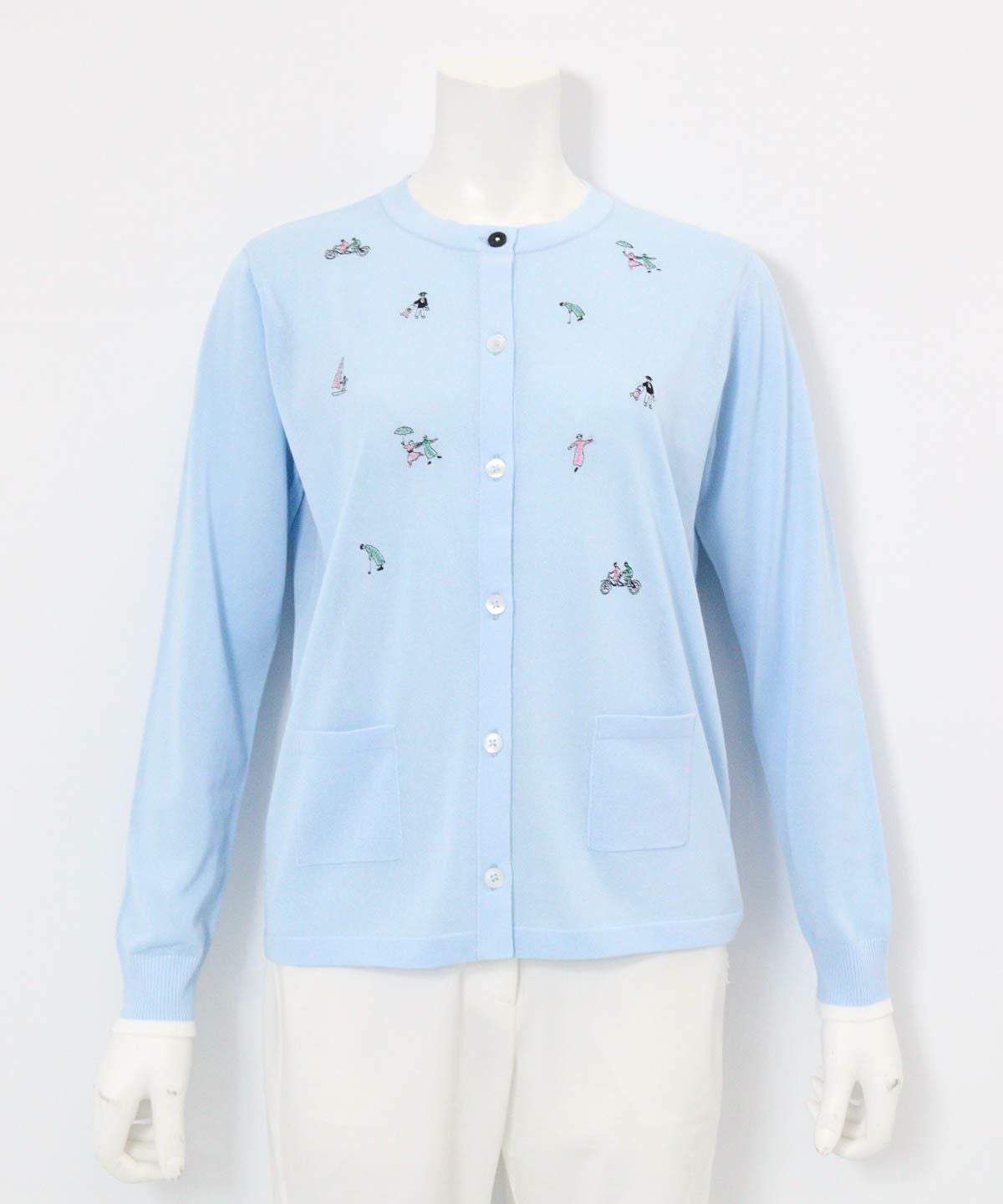 コットン混刺繍ニットカーディガン（ライトブルー）