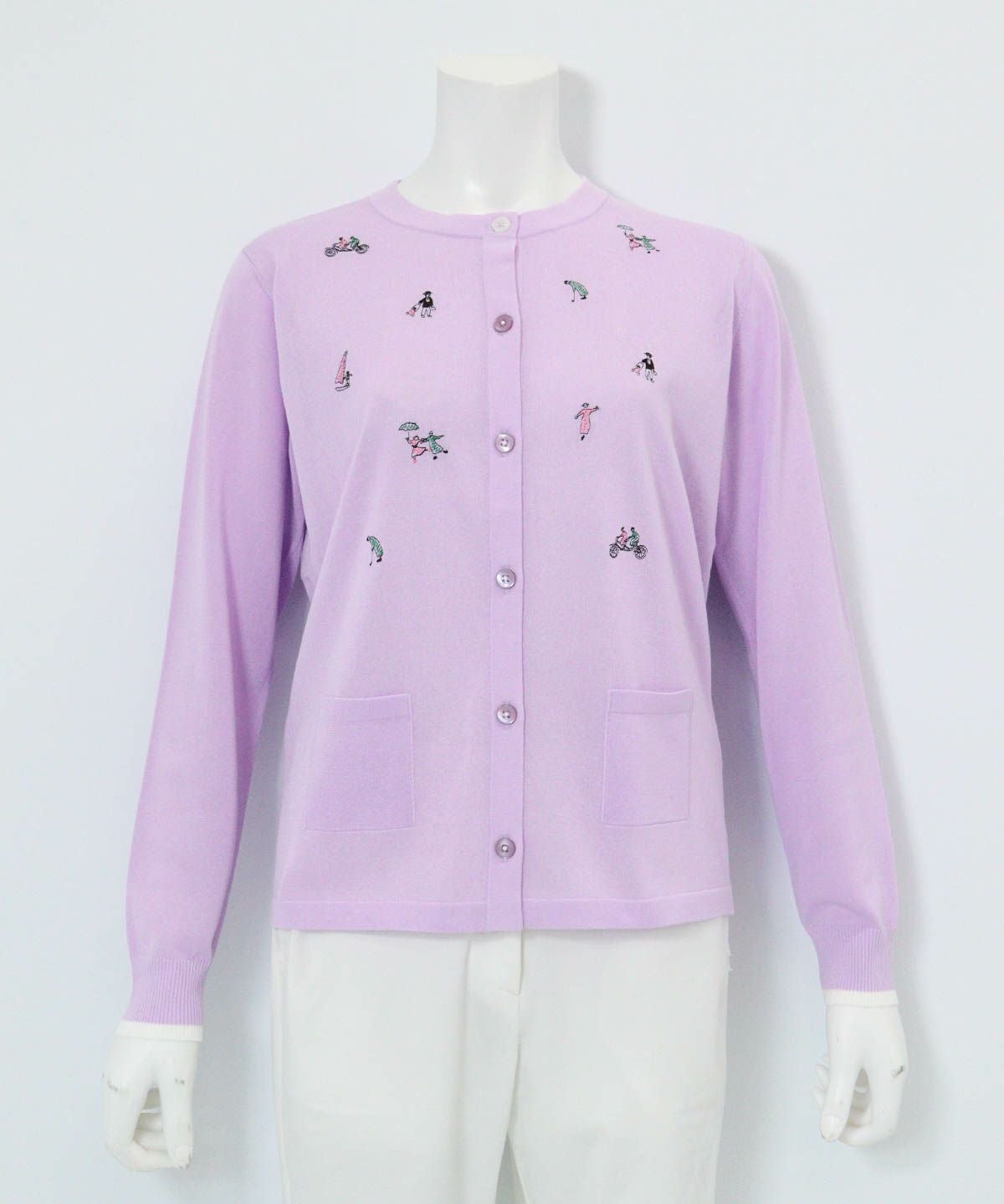 コットン混刺繍ニットカーディガン（ライトパープル）