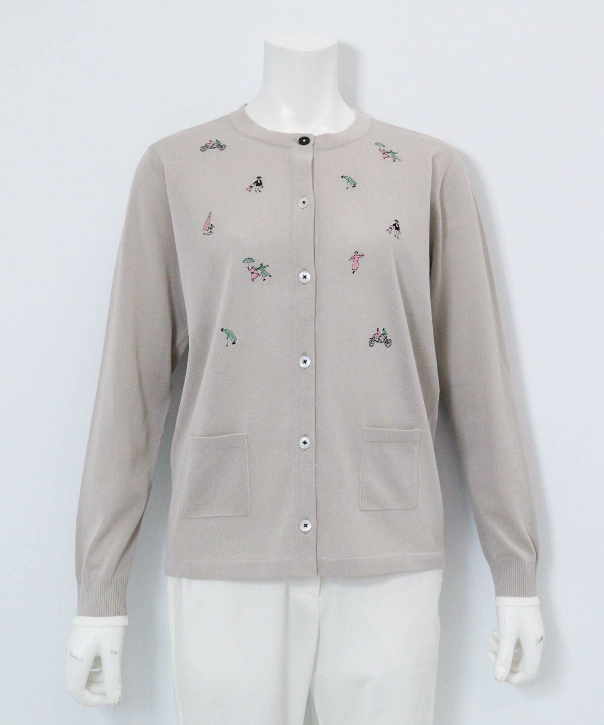 コットン混刺繍ニットカーディガン（ライトグレー）