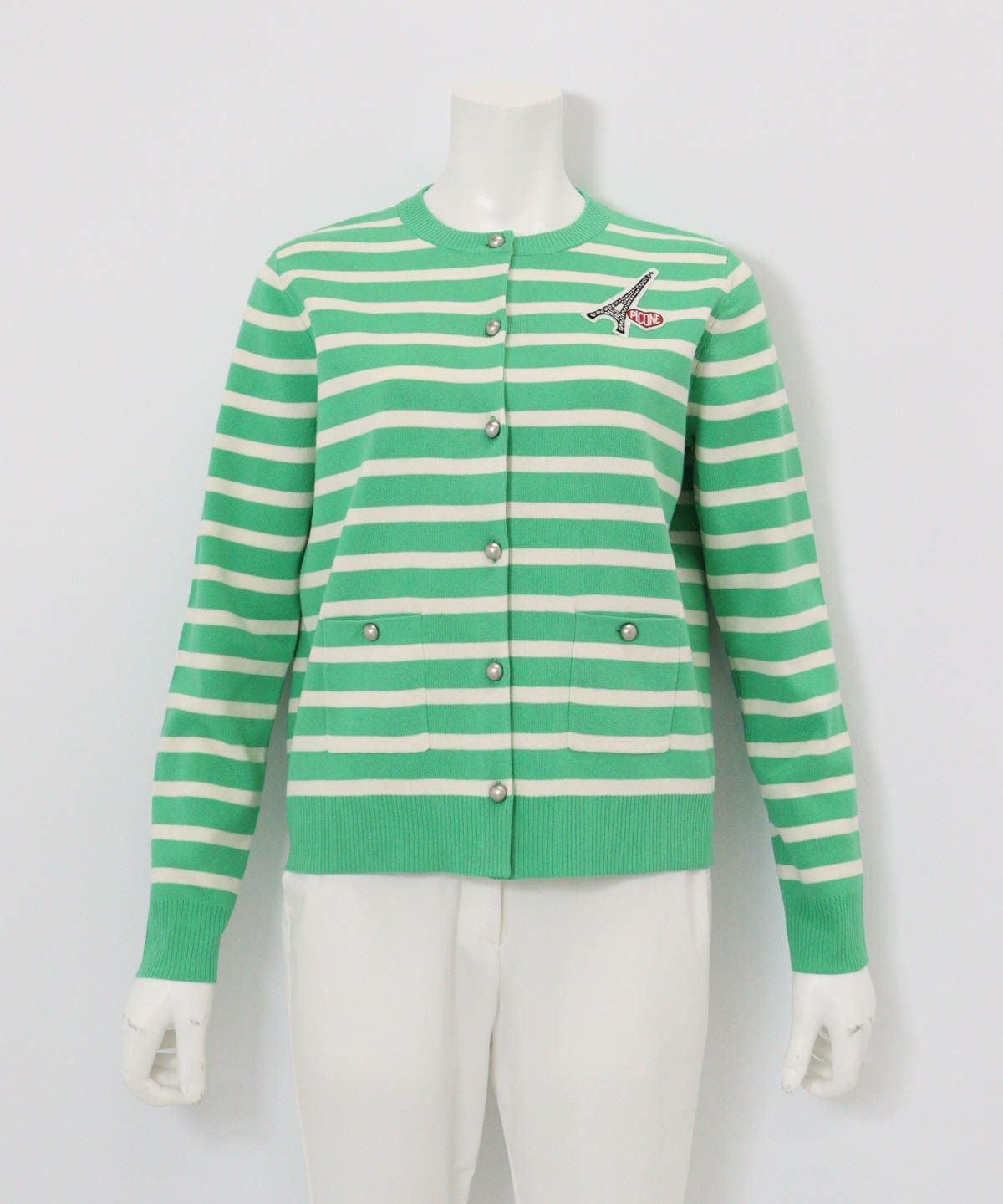 コットン混ボーダーニットカーディガン（グリーン）