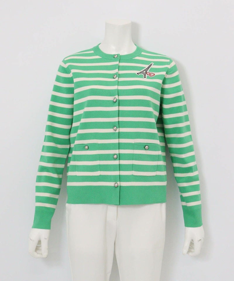 コットン混ボーダーニットカーディガン（グリーン）