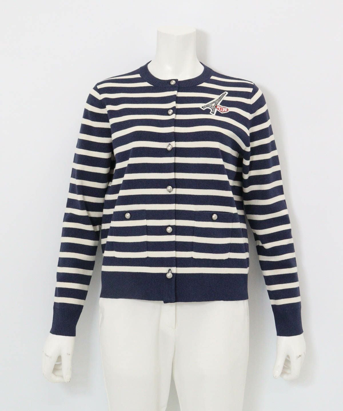 コットン混ボーダーニットカーディガン（ネイビー）
