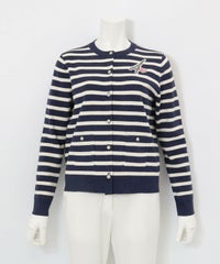 コットン混ボーダーニットカーディガン（ネイビー）