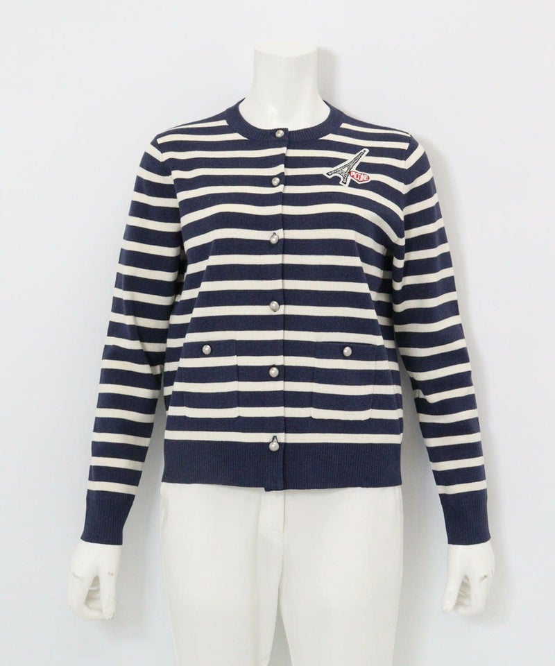 コットン混ボーダーニットカーディガン（ネイビー）