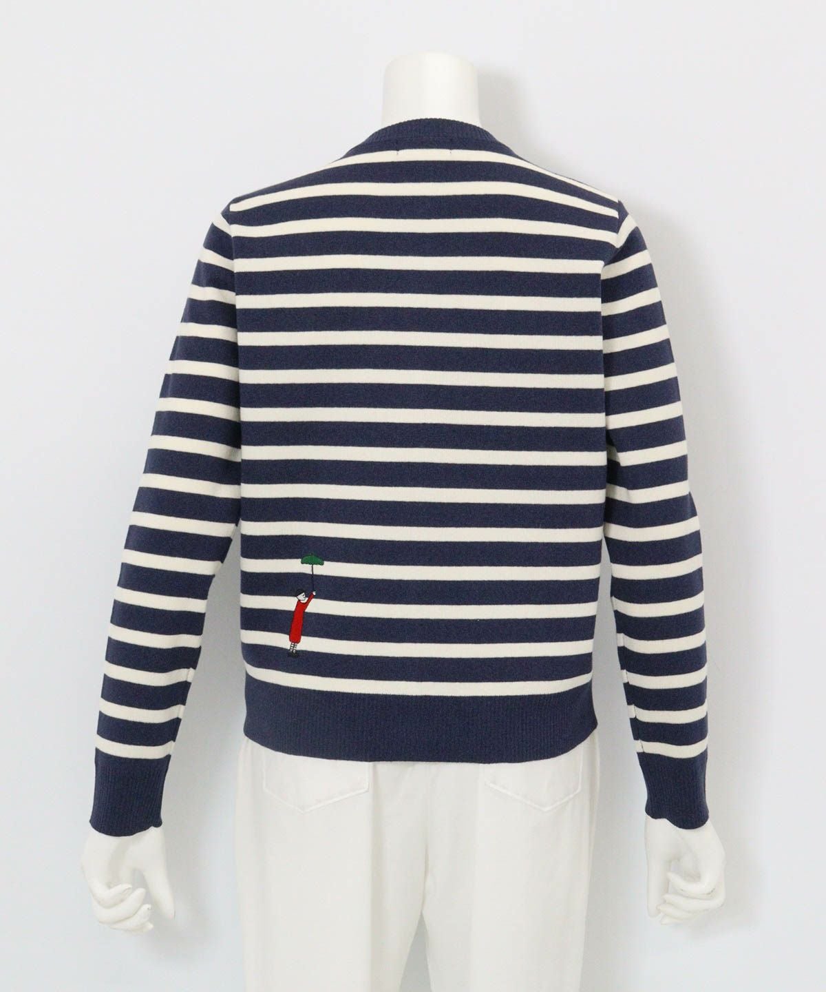 コットン混ボーダーニットカーディガン後（ネイビー）