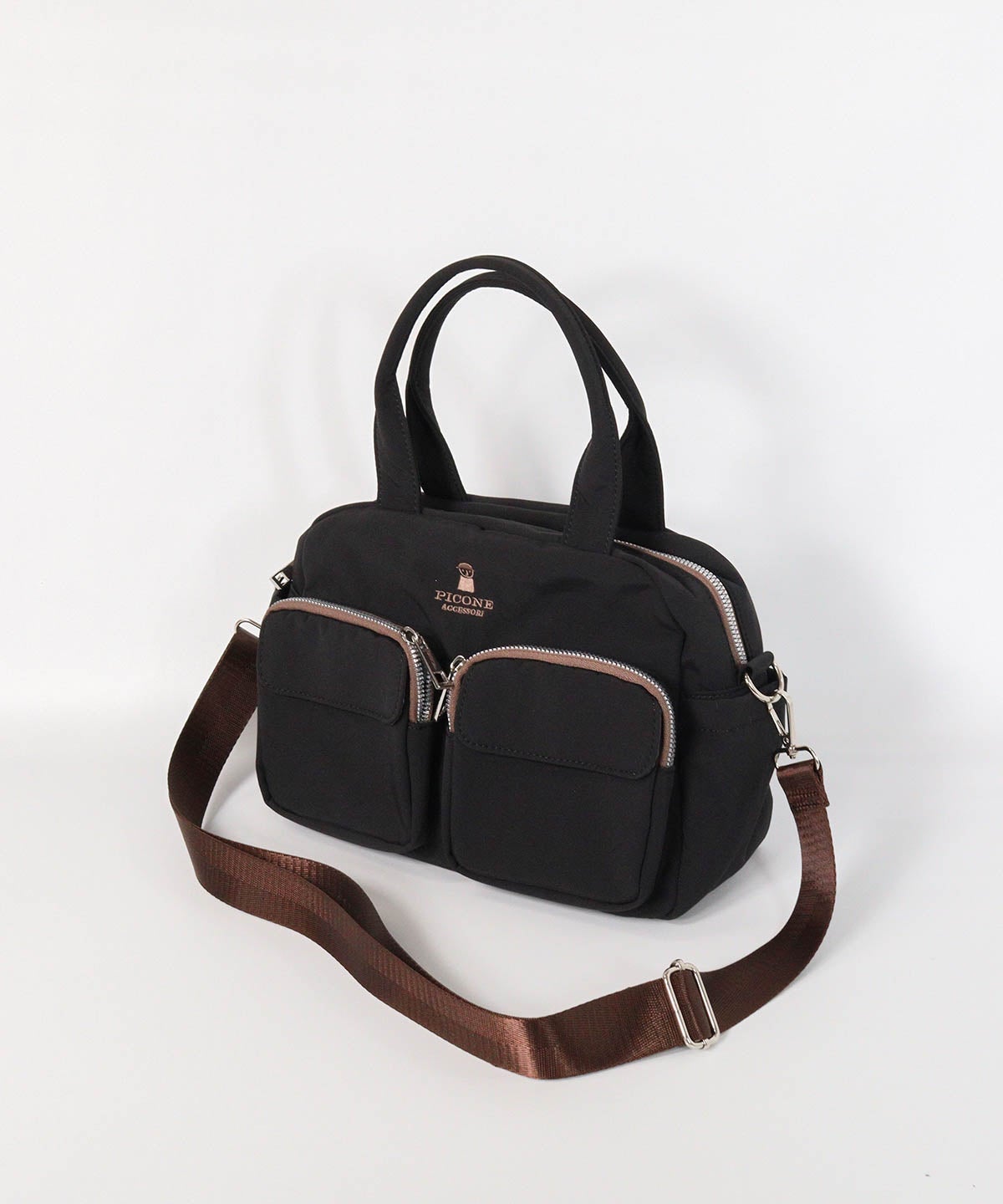 立体ポケットボストン型バッグ（ブラック）前