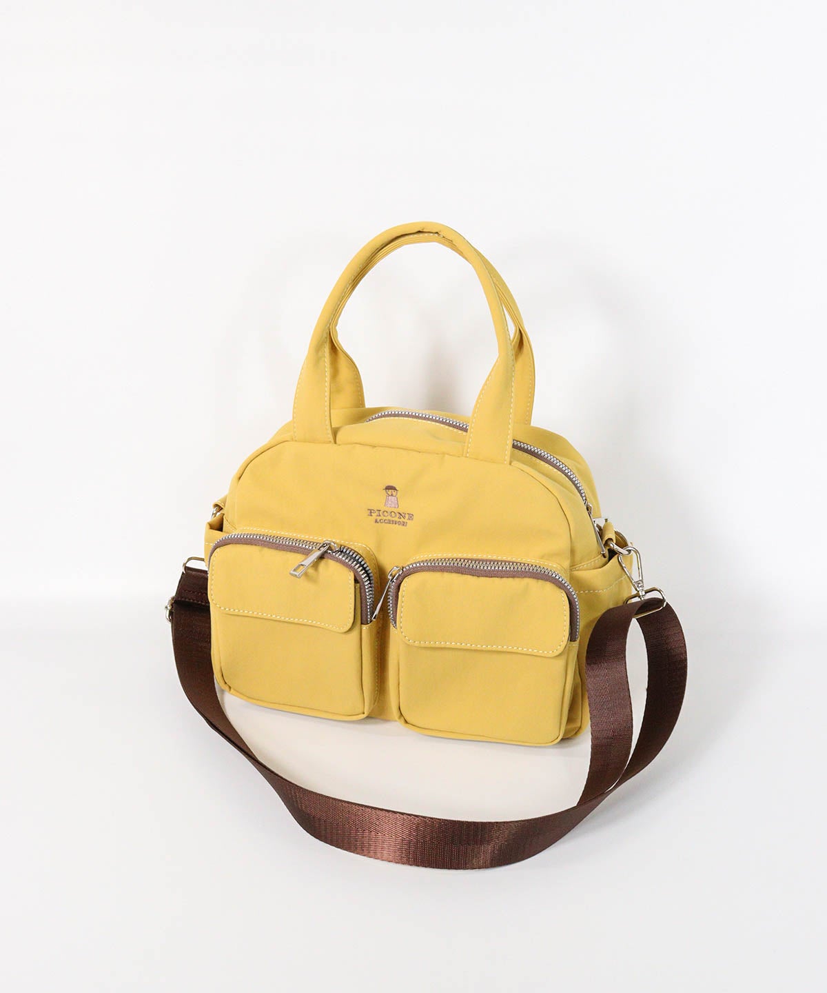 立体ポケットボストン型バッグ（イエロー）前