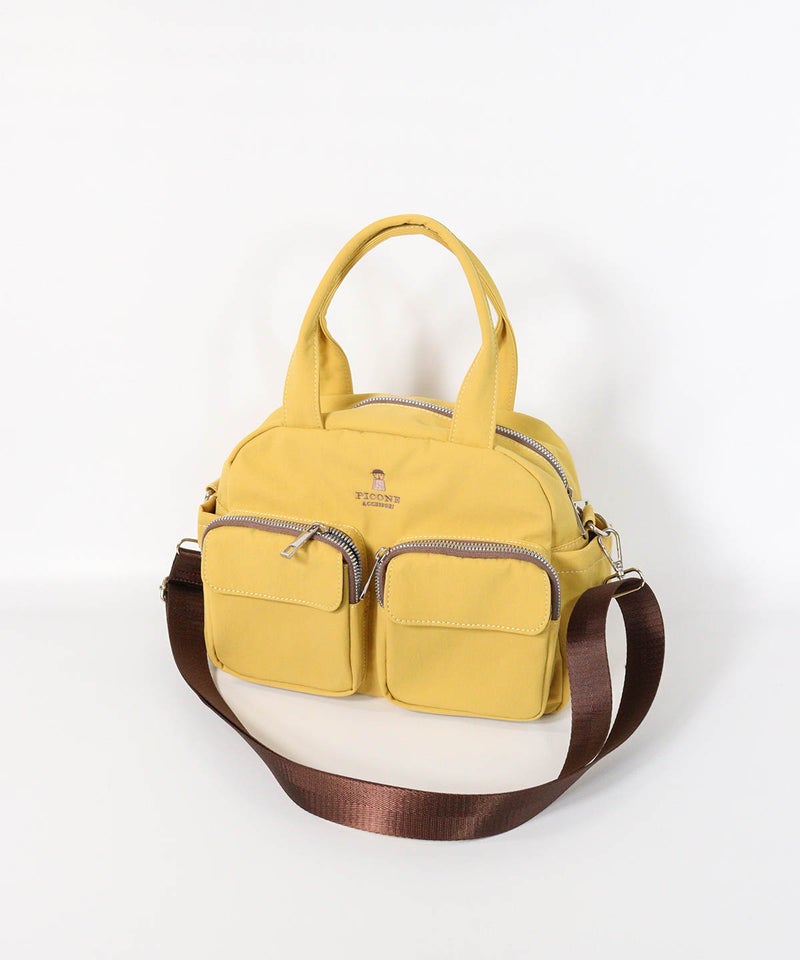 立体ポケットボストン型バッグ（イエロー）前