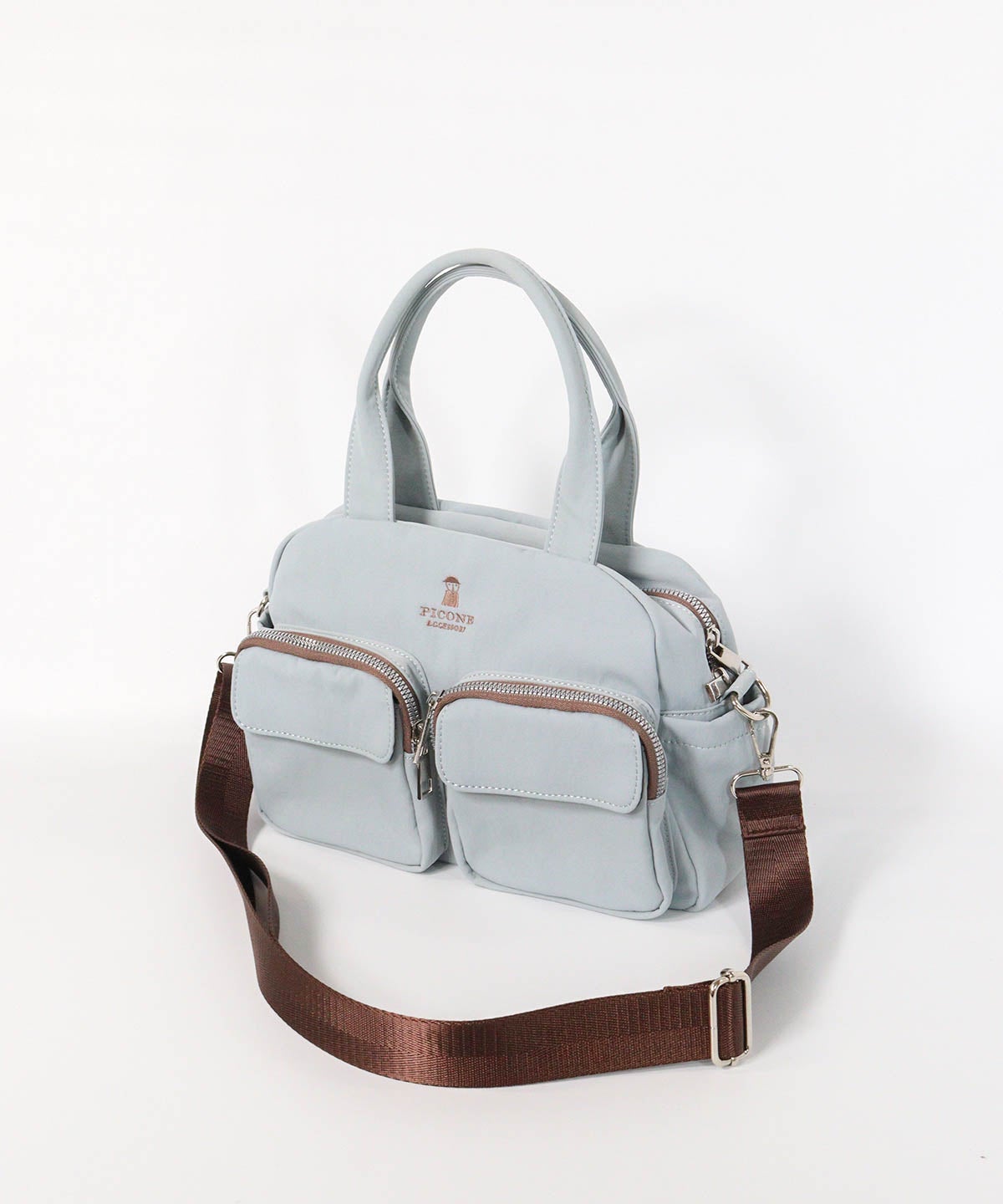 立体ポケットボストン型バッグ（ライトブルー）前