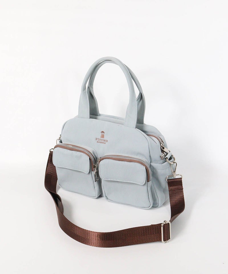 立体ポケットボストン型バッグ（ライトブルー）前