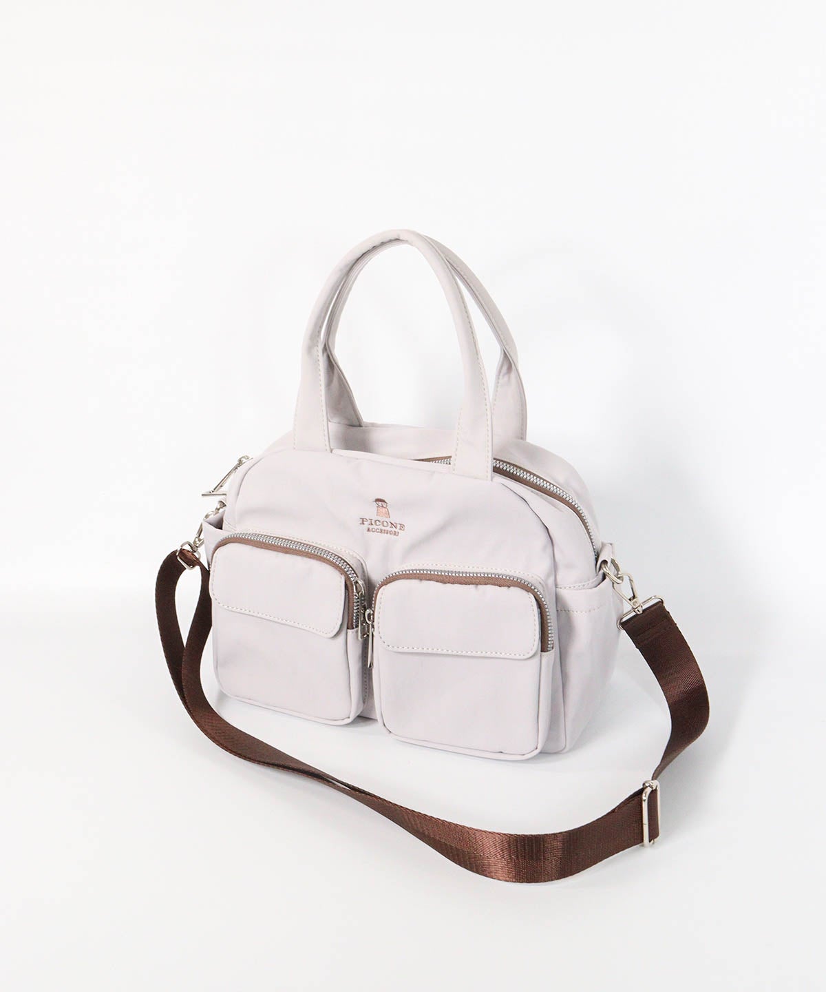 立体ポケットボストン型バッグ（ライトグレー）前