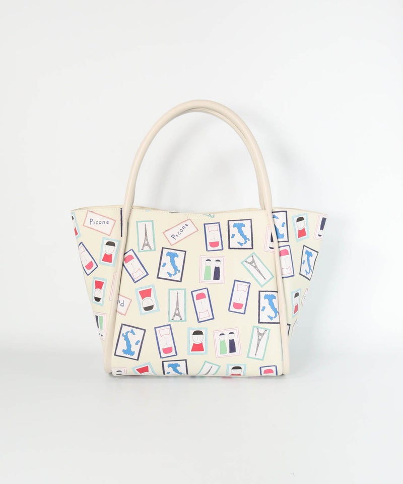 アート総柄トートバッグ（ベージュ）前