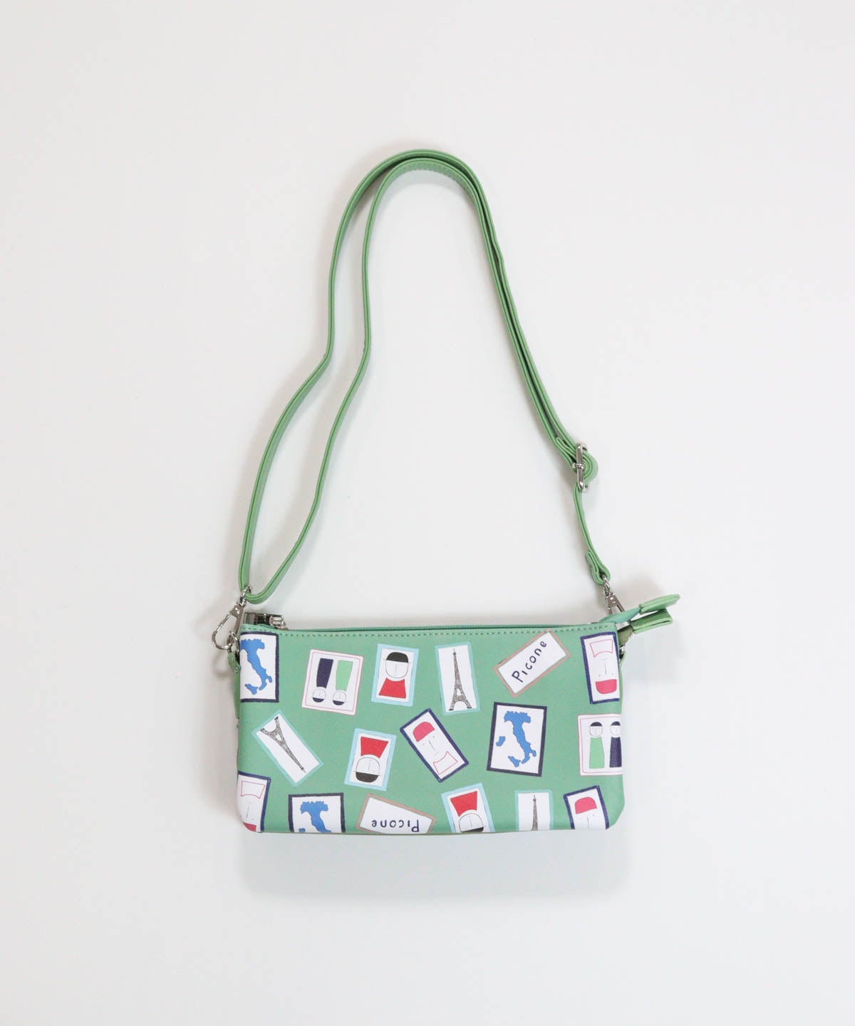 アート総柄ショルダーバッグ（ライトグリーン）前