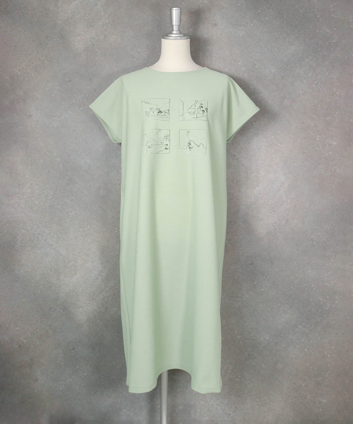 ツイルジャージー刺繍ワンピース(ライトグリーン)前