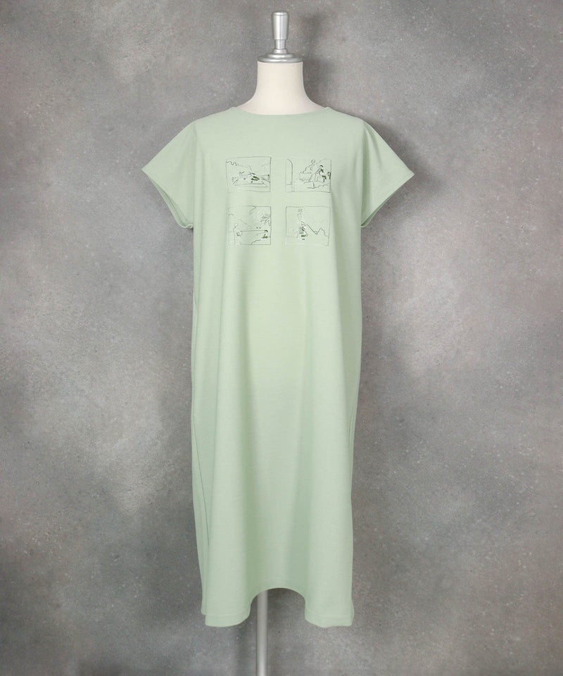 ツイルジャージー刺繍ワンピース(ライトグリーン)前