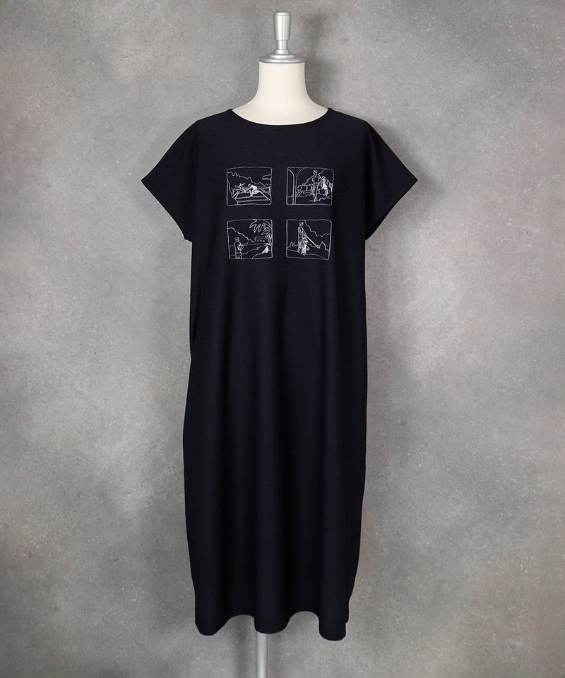 ツイルジャージー刺繍ワンピース(ネイビー)前