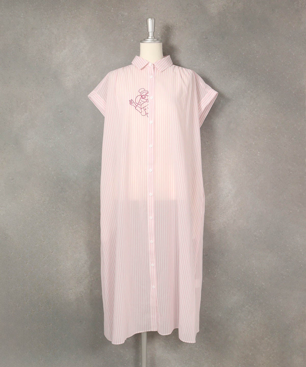 コットン100％ストライプシャツワンピース(ピンク)前