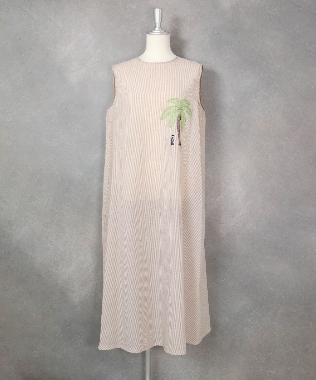 綿麻ストライプノースリワンピース（キャメル）前