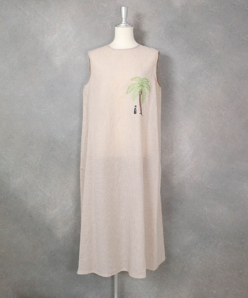 綿麻ストライプノースリワンピース（キャメル）前