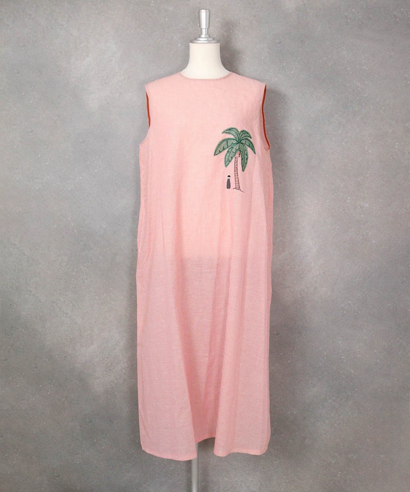 綿麻ストライプノースリワンピース（オレンジ）前