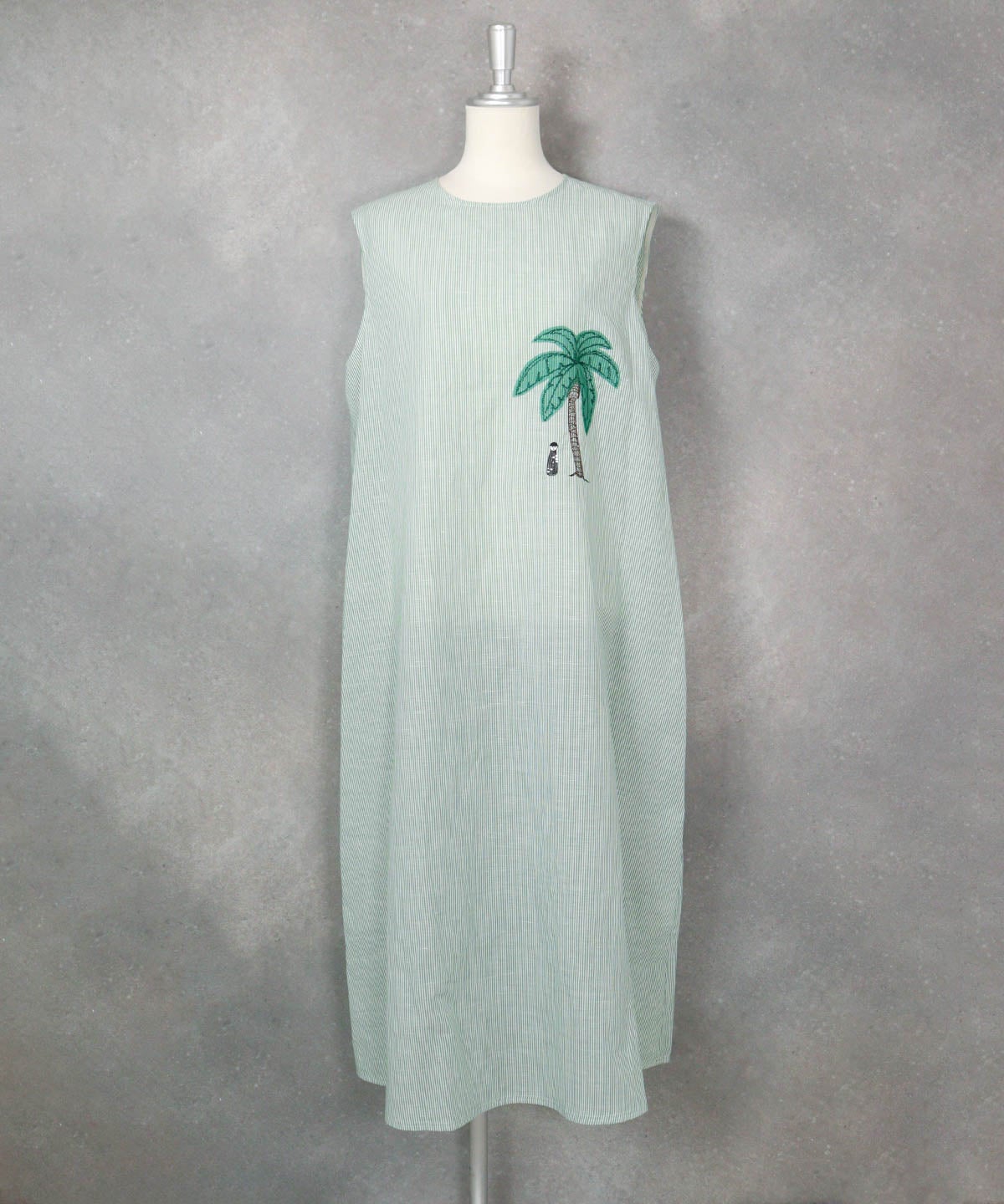 綿麻ストライプノースリワンピース（グリーン）前