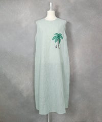 綿麻ストライプノースリワンピース（グリーン）前