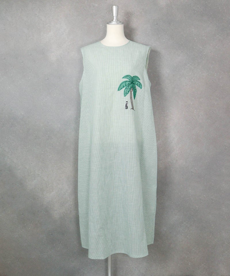 綿麻ストライプノースリワンピース（グリーン）前