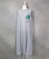 綿麻ストライプノースリワンピース（ネイビー）前