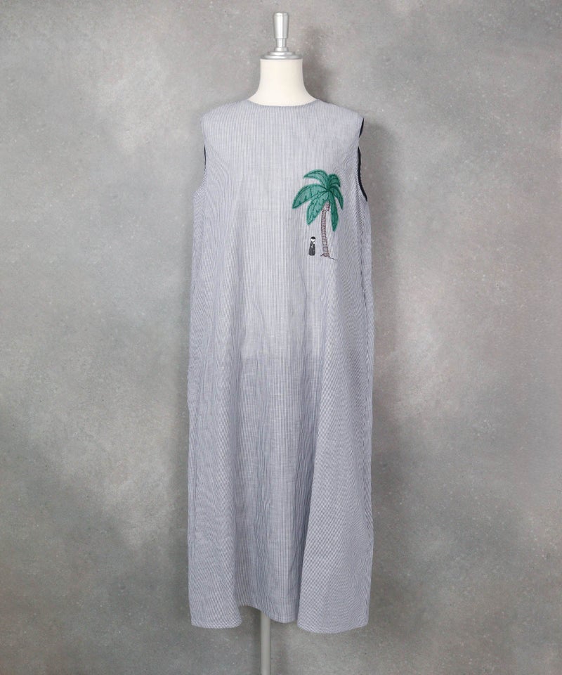 綿麻ストライプノースリワンピース（ネイビー）前