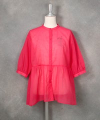 ギャザー切替6分袖ブラウス（ピンク）前