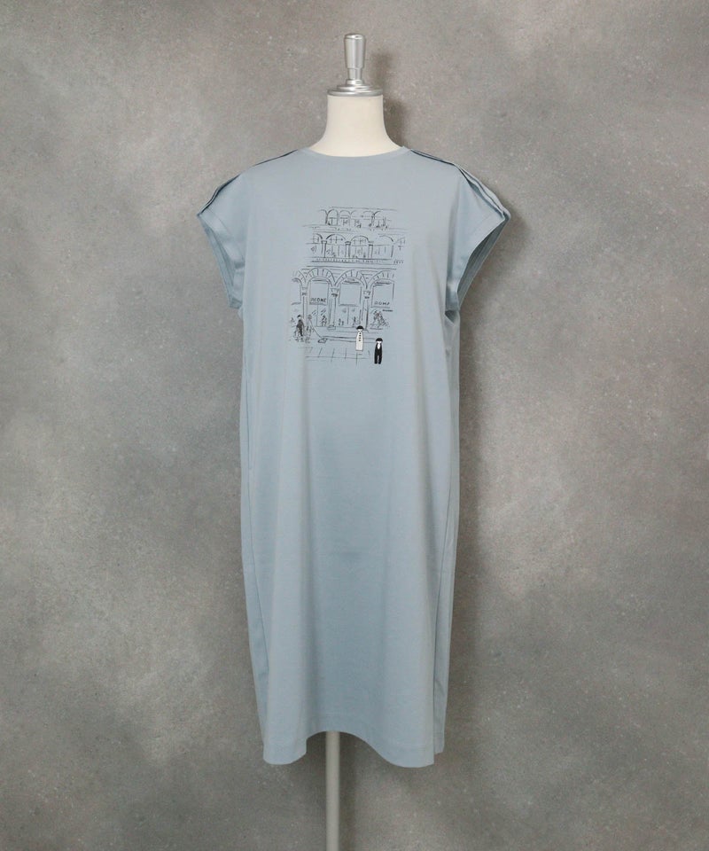 コットン100％UV冷感イラストワンピース(ライトブルー)前