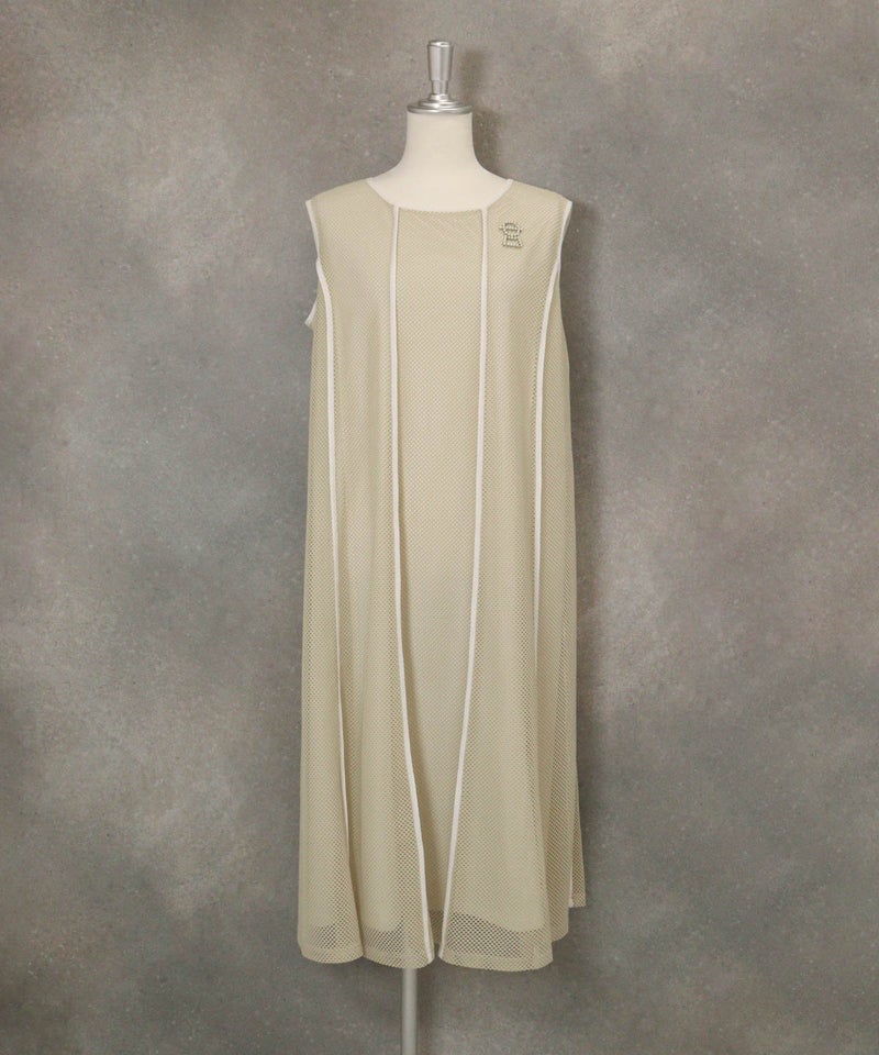 チェッカーレースノースリワンピース(ベージュ)前