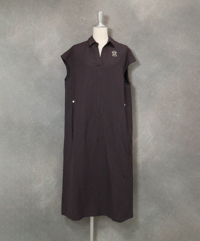 麻混スキッパー襟ワンピース(グレー)前