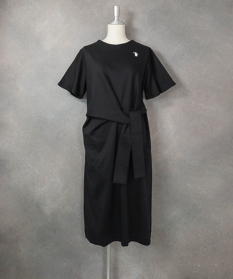 コットン100％ウエストリボン冷感ワンピース(ブラック)前