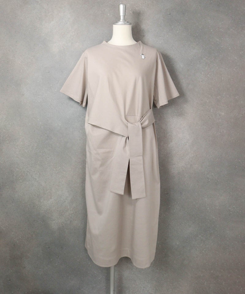 コットン100％ウエストリボン冷感ワンピース(ベージュ)前