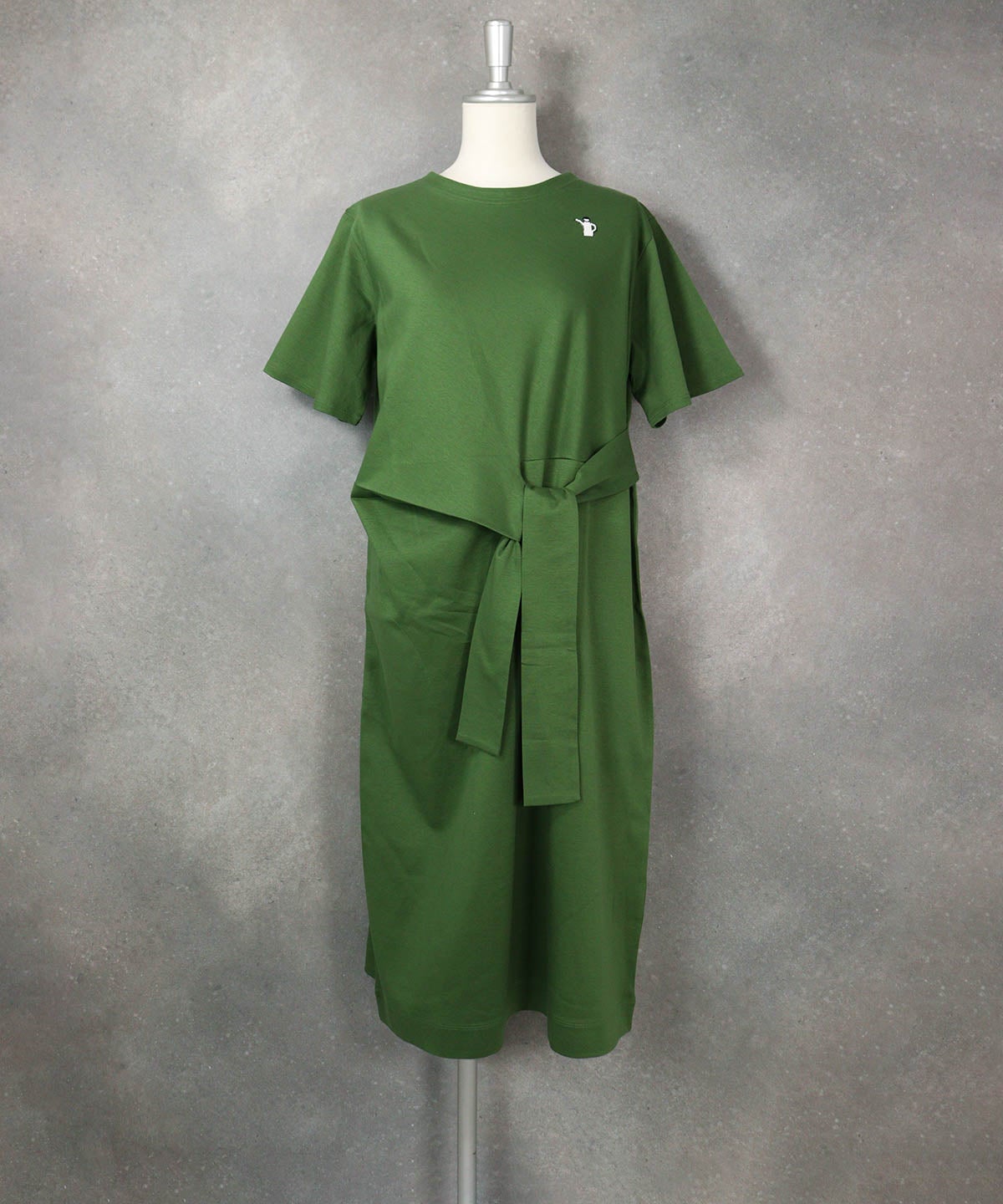 コットン100％ウエストリボン冷感ワンピース(グリーン)前