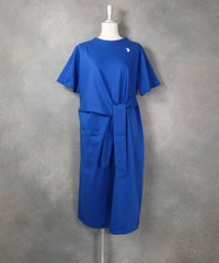 コットン100％ウエストリボン冷感ワンピース(ブルー)前