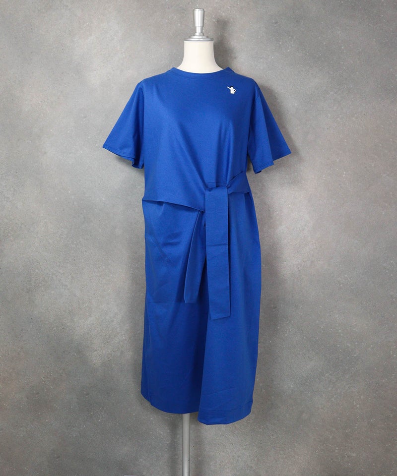コットン100％ウエストリボン冷感ワンピース(ブルー)前