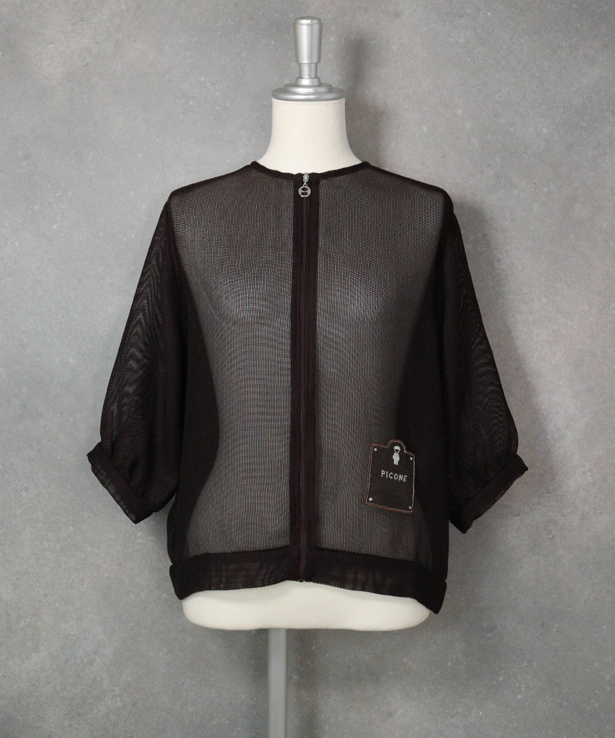 メッシュ6分袖ブルゾン(ブラウン)前