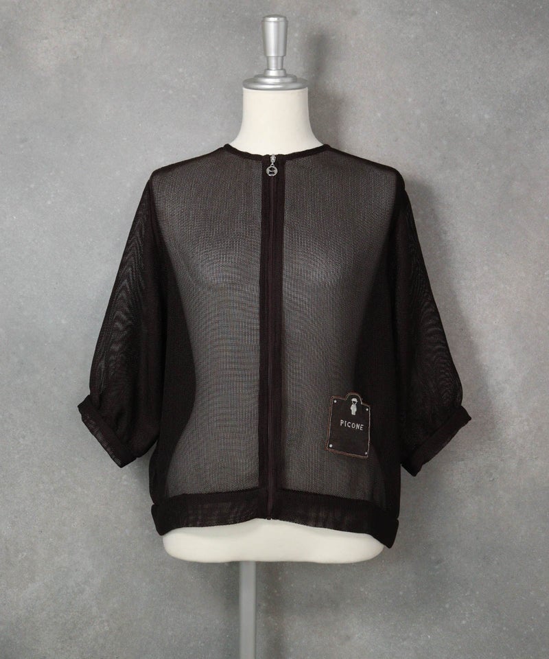 メッシュ6分袖ブルゾン(ブラウン)前